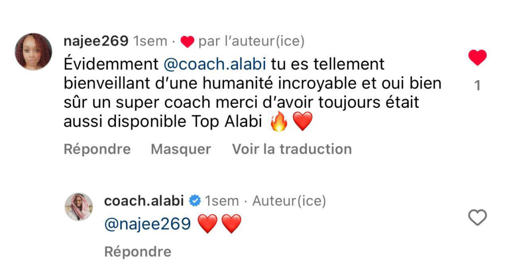 Retours client femme instagram | Communauté Francophone en Ligne des pratiquants de Musculation avec Coach Alabi & Tisson